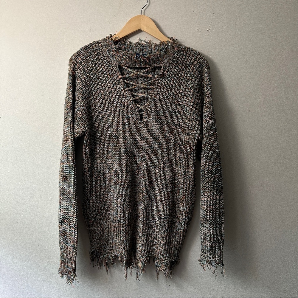 Daytrip Buckle Distressed Strappy V-Neck Sweater Multi-Color Knit Boho S Small - Picture 3 of 7